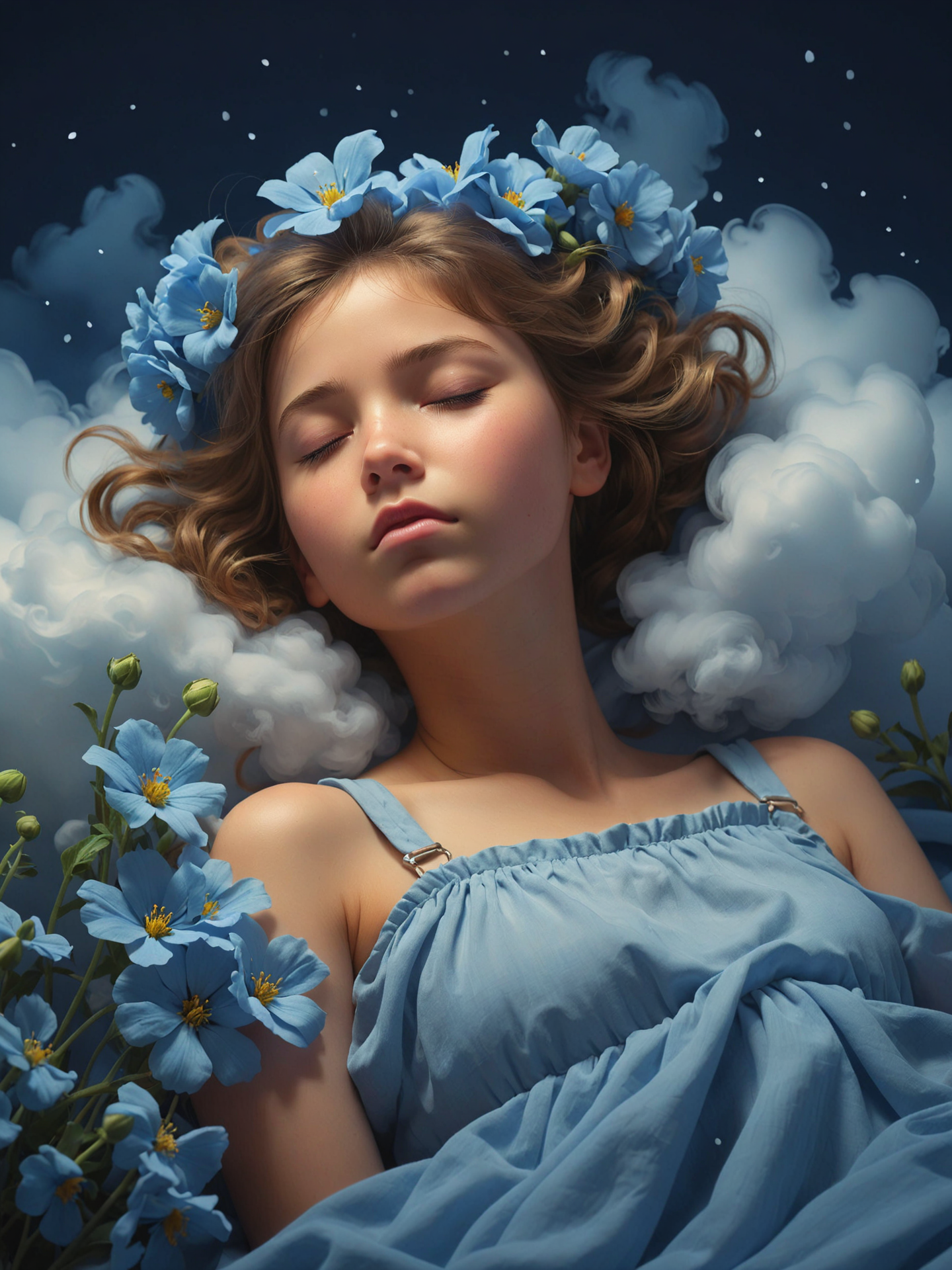 07969-2798464535-illustrated image of a sleeping girl in a blue flower, with an ethereal cloud scene, a glowing portrait, Nine Songs, Nanko.png